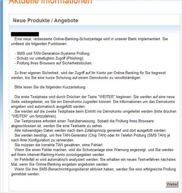 Phishing-Warnung Testüberweisung Phishing-Warnung Testüberweisung